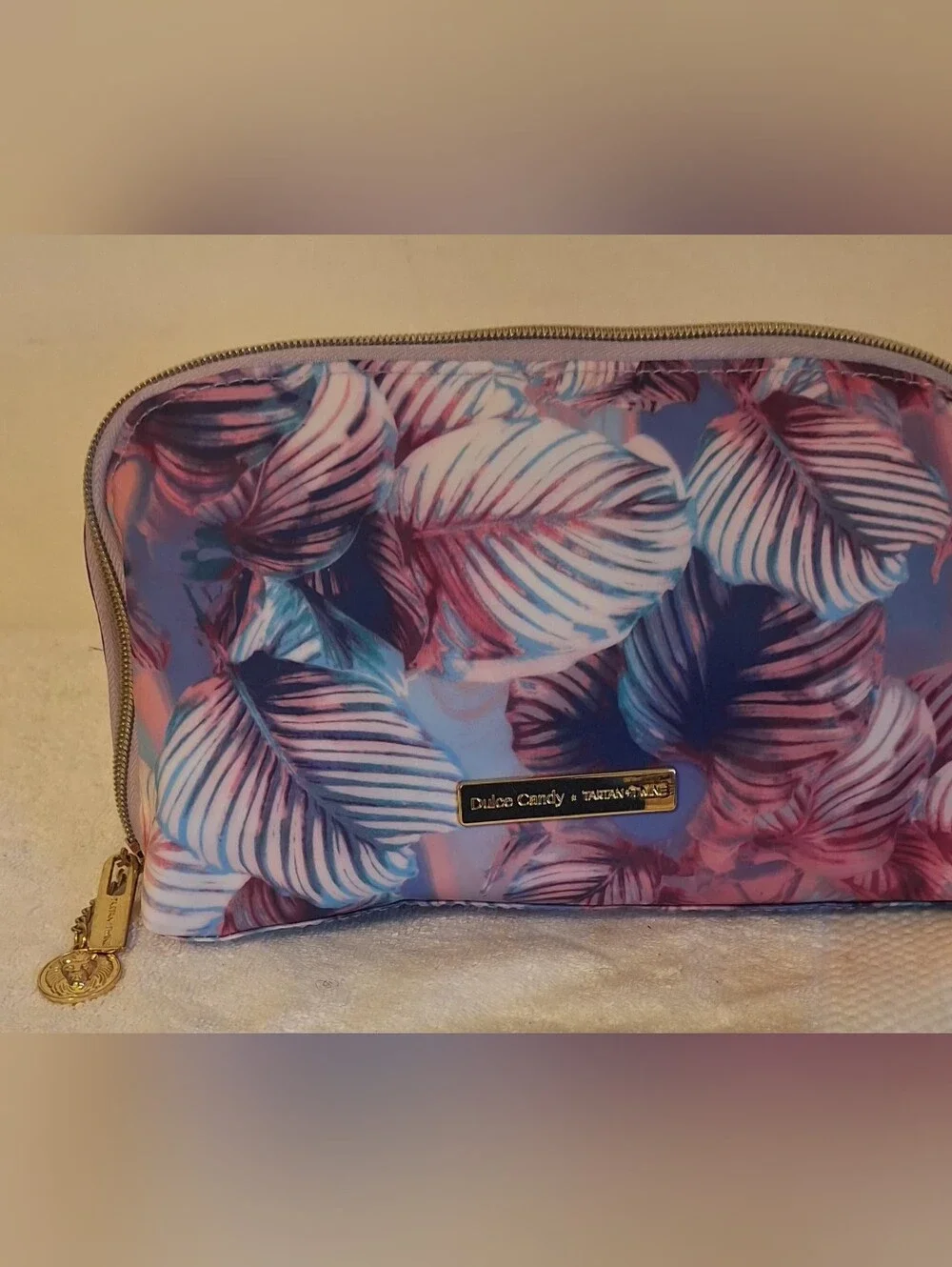 Dulce Candy Tartan Twain 5g Tropical Leaf Cosmetic Pouch - Pink & Blue